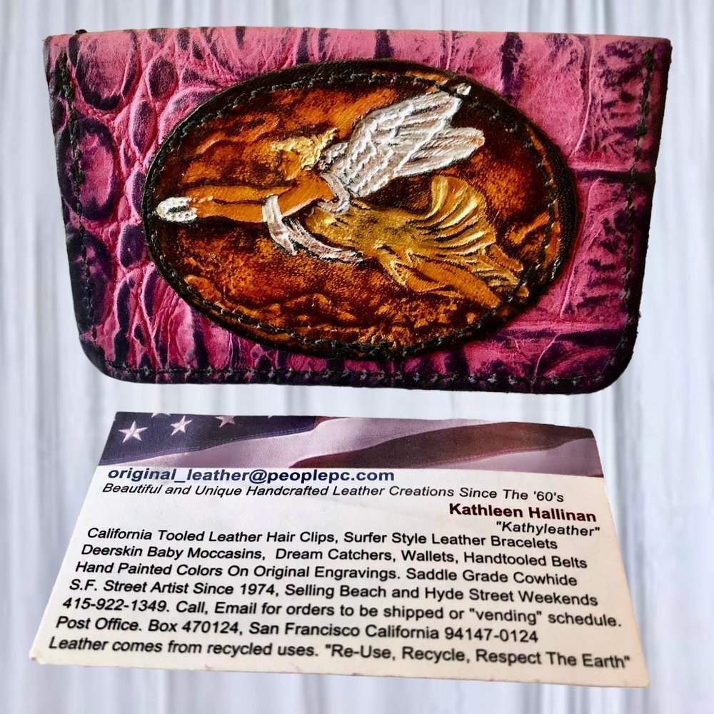 Kathy Croc Leather Handcrafted Business Card Holder TOOLED ANGEL Vintage